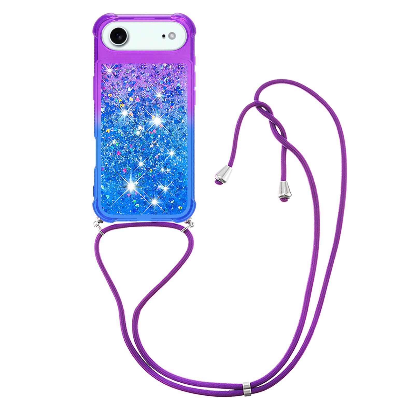 

For iPhone 17 Air Phone Case Gradient Quicksand TPU Back Cover with Long Strap Purple/Blue