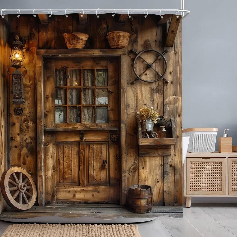 Retro Rustikale Holztüren Duschvorhänge Vintage Bauernhaus Scheune Alte Tür Heimdeko Wasserdichtes Polyester Badezimmer Vorhang Set