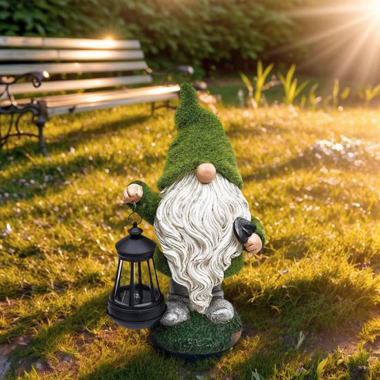 Garden Gnome Solar Light Dwarf Statue Holding Solar Lantern Flocked