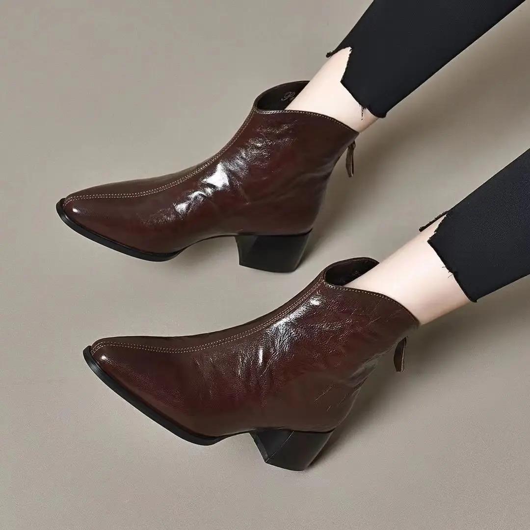 

Женские короткие туфли, кожаные ботильоны, мода 2024 года, женские ботильоны с острым носком, распродажа дизайнерской обуви класса люкс 2020 года 35