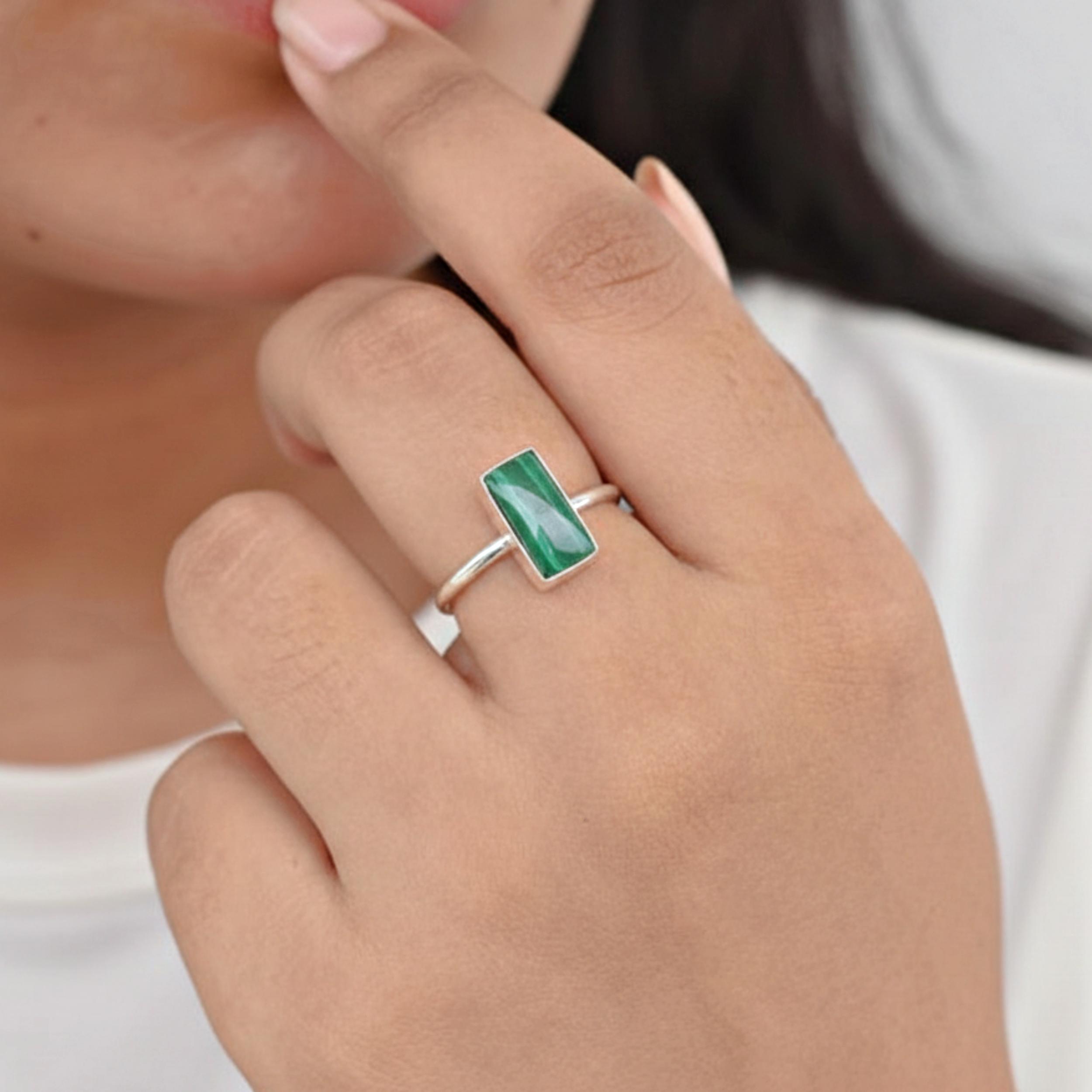 

Green Malachite Rectangular Statement Ring, 925 Sterling Silver Jewelry, Handmade Boho Ring 8 срібний
