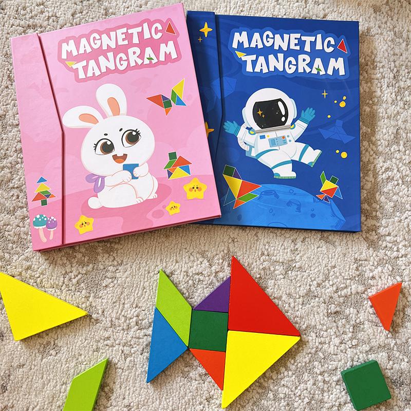 Montessori Magnetic Tangram Wooden Puzzle Book for Children Jigsaw Portable Educational Learning Intelligence Toys for Baby Kids