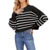 Damenmode Lockerer Kurzer Pullover Strick Langarm Rundhals Gestreift Geschlitzt Pullover