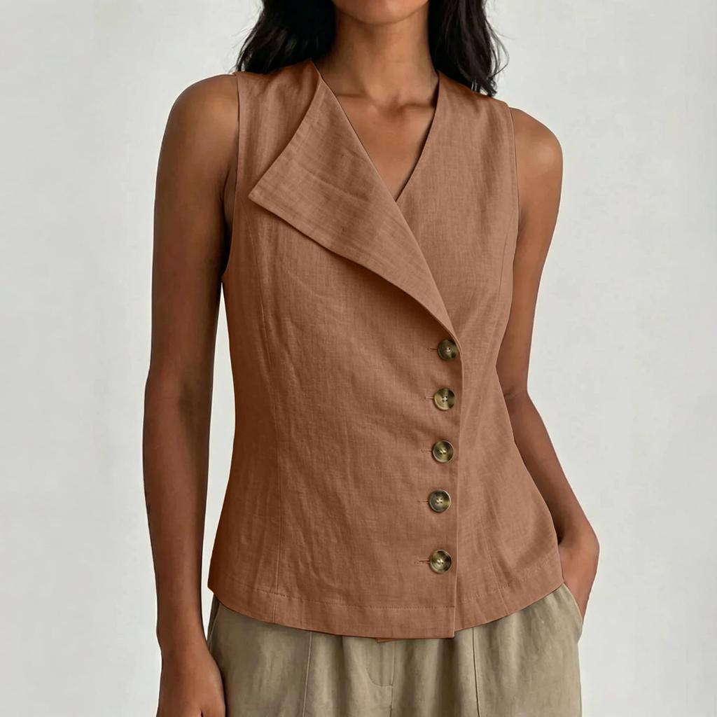 Blusa casual de lino para mujer sin mangas, con botones al frente, cuello en V, ligera, de verano, con cuello asimétrico