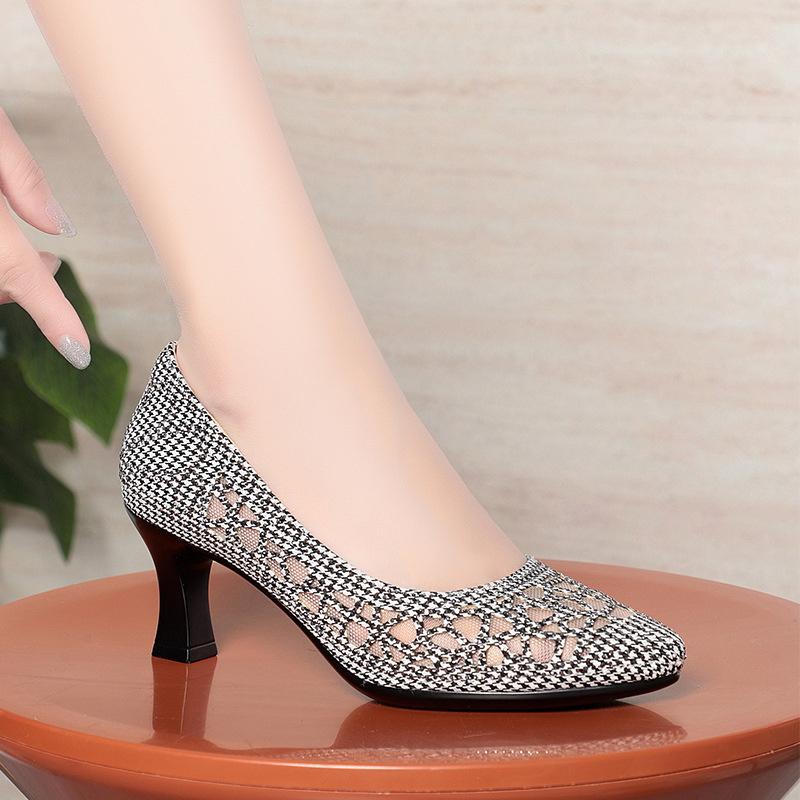 Fashion Summer Single Shoes Mesh Breathable Versatile High Heels Women's Shoes Middle-Aged Temperament Pointed Toe Shallow Mouth Shoes