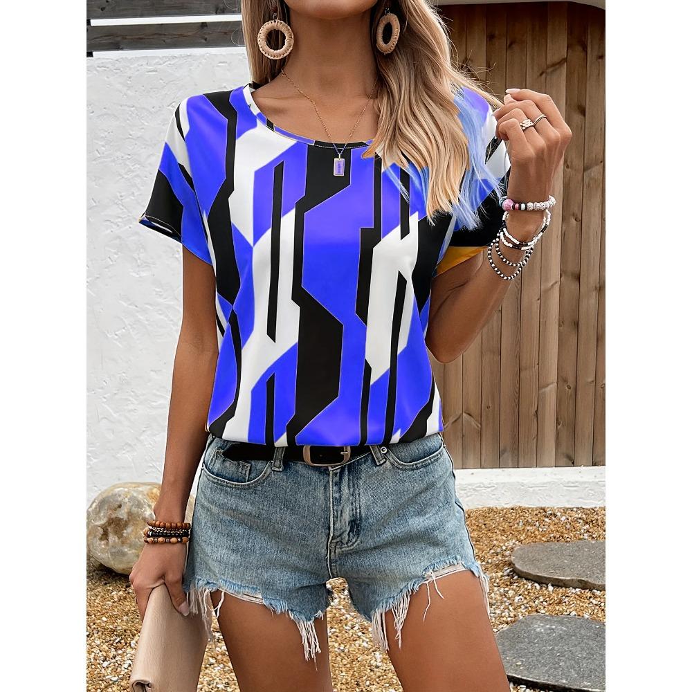 T-Shirt Damen Sommer Freizeit elegant Temperament Rundhals Kurzarm geometrisches Muster Top locker lässige Kleidung Damen T-Shirt