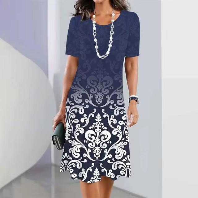 3D Geometric Stripe Print Elegant Women's Short-sleeved Summer Dress