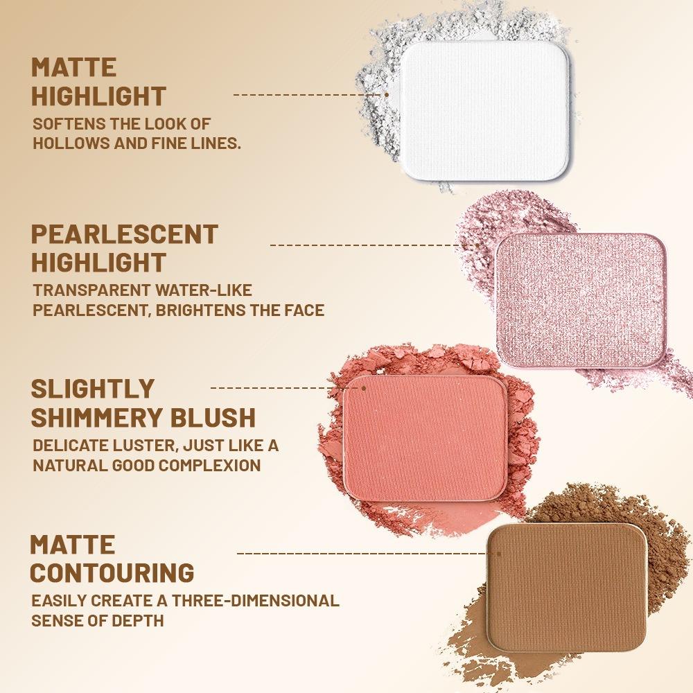 Four-in-one Multi-functional Facial Palette Pearlescent Matte Highlight Blush Concise Tray Waterproof Velvet Eye Shadow Palette