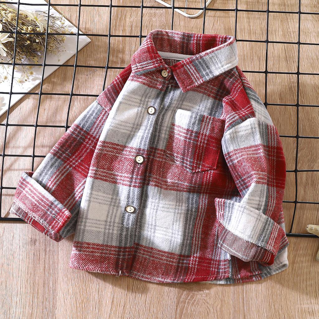 Boys Shirt Long-sleeved Autumn Models Plaid Shirt Children Retro Color Blocking Cardigan New Lapel Blouse Jacket Girls