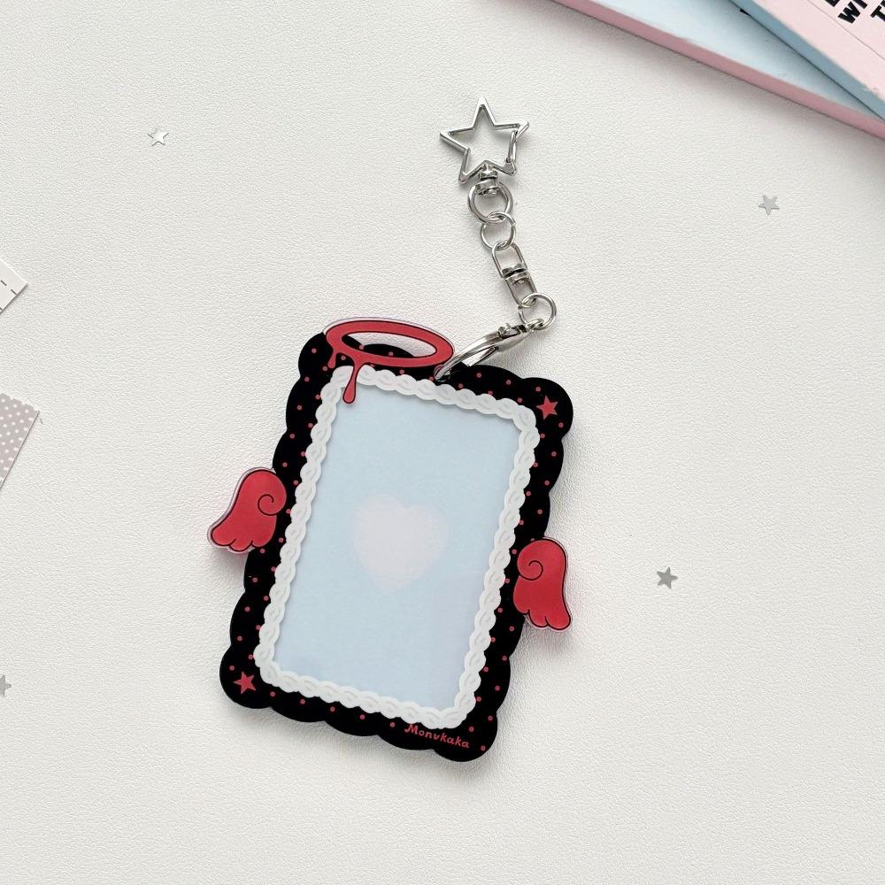 Kawaii Acrylic Photocard Holder Angel Wings with Star Keychain Card Sleeve Hard Card Protector 3-inch Photos Card Cover