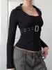 European-American Street Style Metal Buckle Solid Long Sleeve Slimming T-shirt