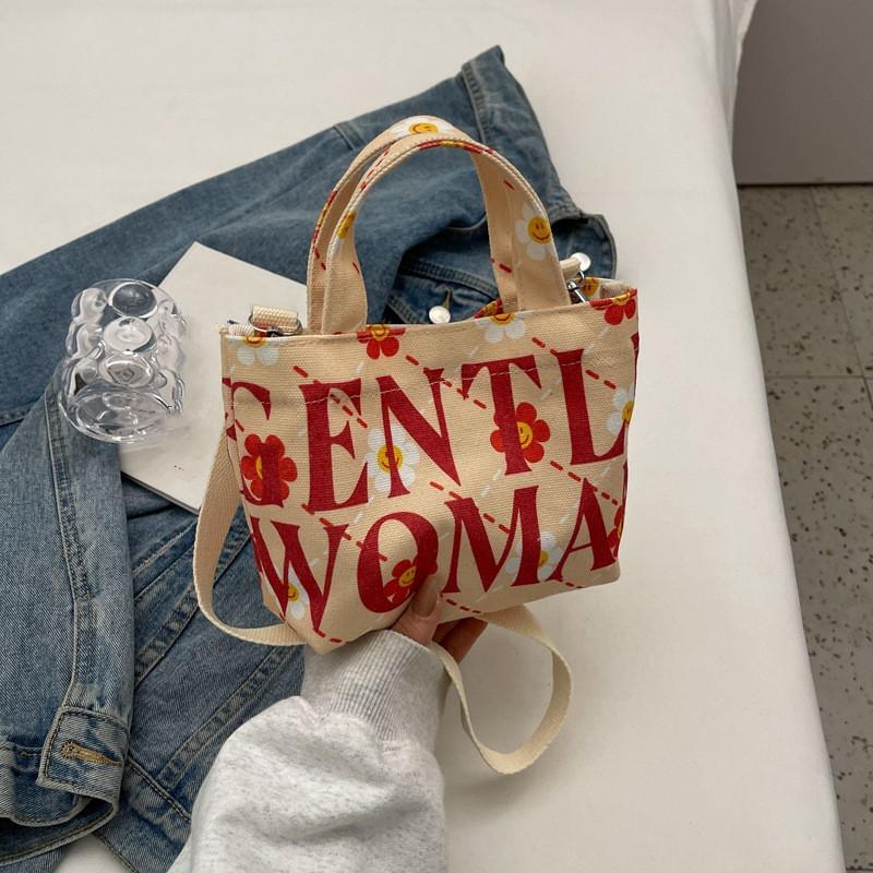 Gentle Women's Letter-printed Small Tote Bag, Street Chic Canvas Mini Tote Shoulder Bag, Versatile Teen Women's Crossbody Bag