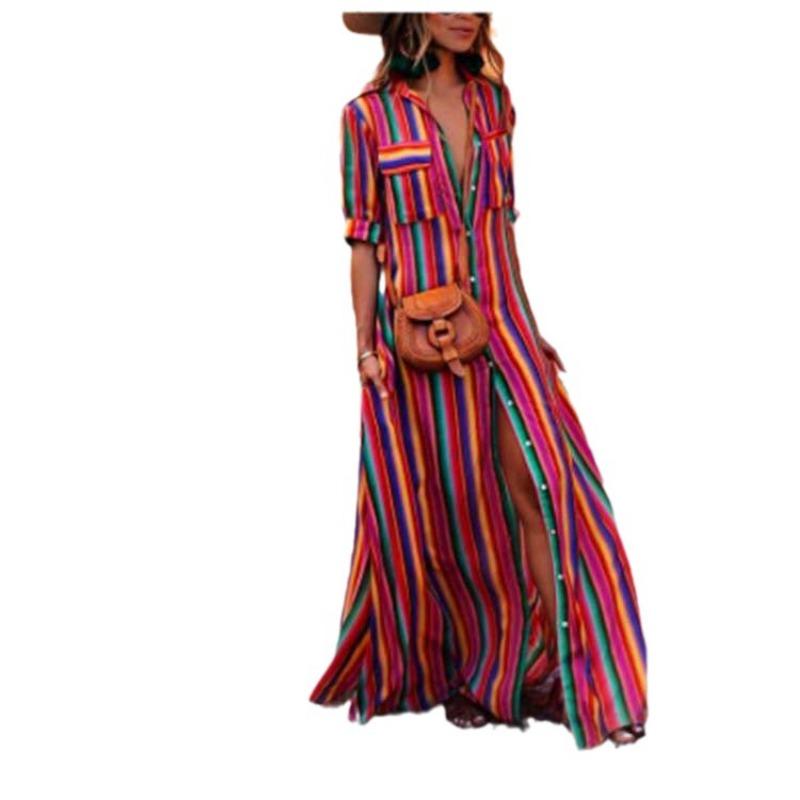 Women's Striped Print Patchwork Short Sleeve Single-breasted Floor-length Dress