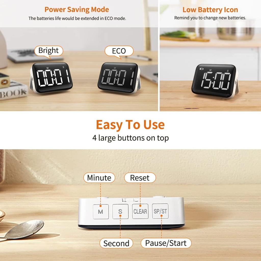Kitchen & Classroom Timer with Strong Magnet, Digital Countdown/Up, Large Display with Adjustable Brightness & Sound Easy to Use