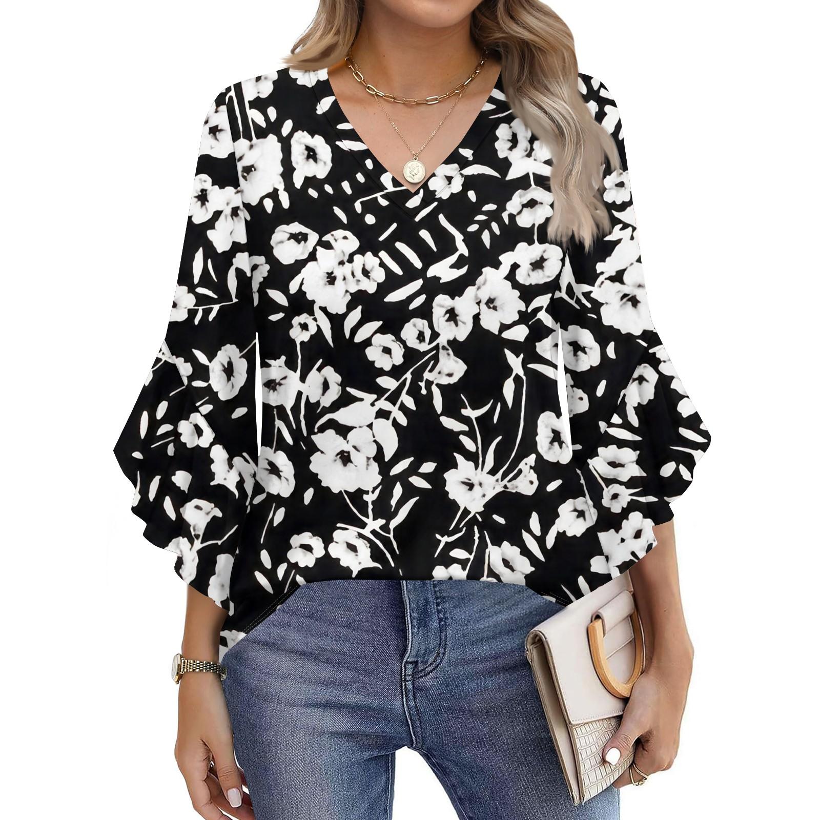 

Blouses For Women Dressy Casual 3/4 Length Sleeve Womens Tops V Neck Tshirts Shirts With Flared Sleeve L чёрный