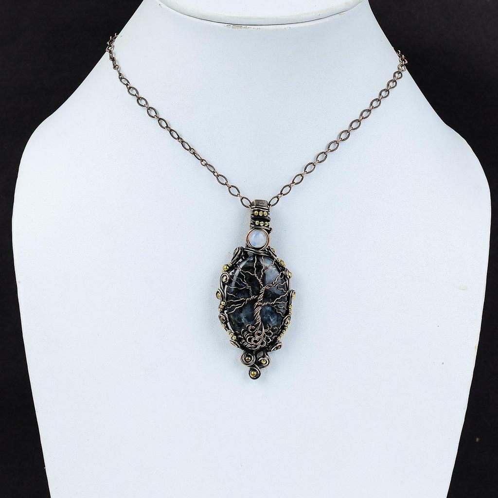 Tree Of Life Larvikite Pendant Copper Wire Wrapped Pendant Rainbow Moonstone Pendant Handmade Gemstone Jewelry Gift For Her Copper Jewelry