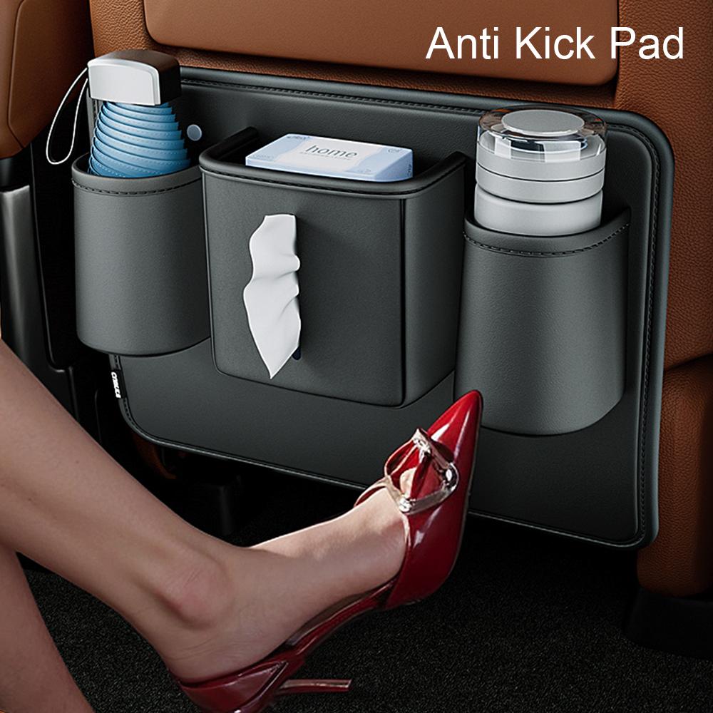 Car Seat Back Anti Kick Pad With Cup Holder Tissue Bag Trash Can Bin Garbage Short PU Leather Auto Backseat Protector