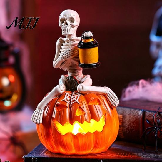 Halloween Pumpkin Skeleton Figurine, LED Light-Up Decorative Lantern, Haunted House Decoration Spooky Holiday for Parties & Ghost Festivals