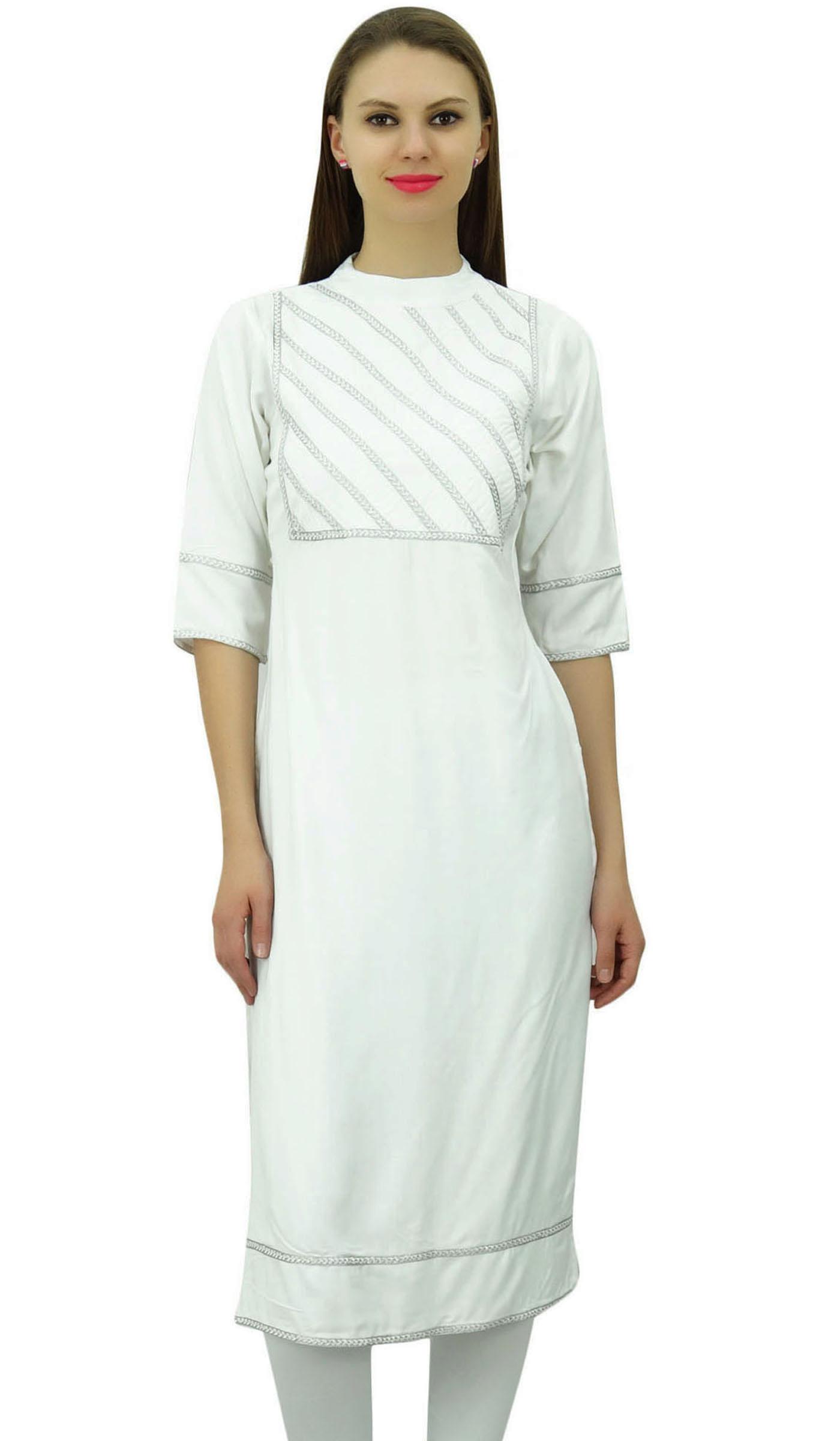 

Bimba Womens Rayon Designer Tunic Lace Detail Yoke Kurtis Top Straight 32 білий