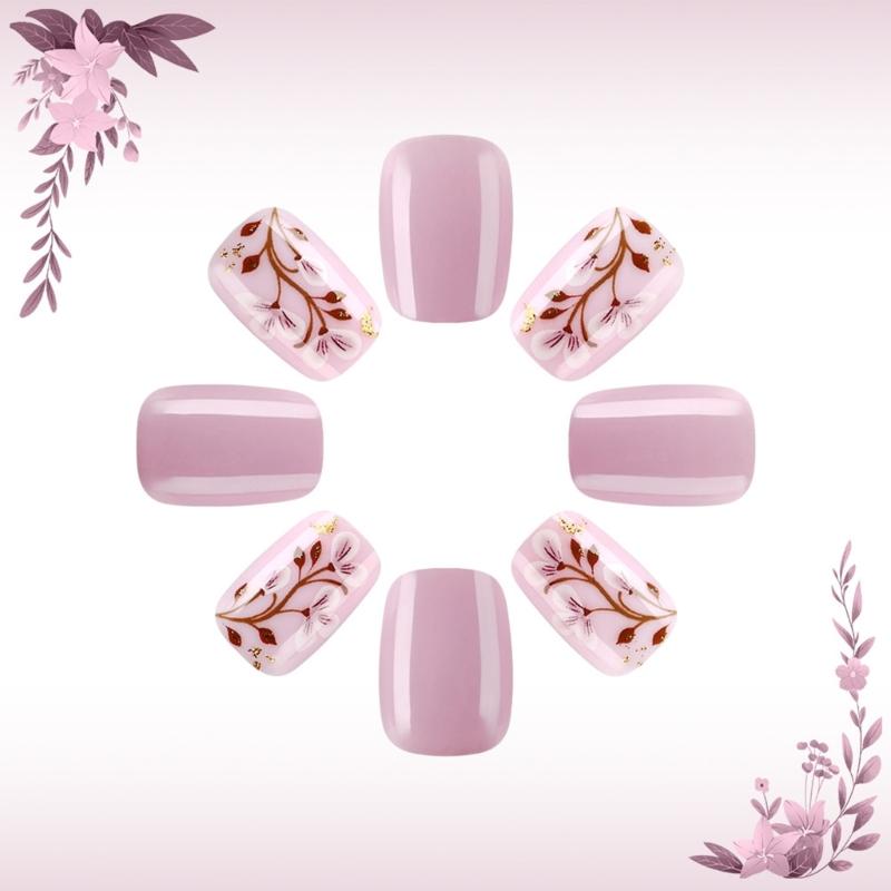 24 Pcs Short Square Press On Nail Purple Acrylic False Nail Glittering Artificial Nail Flowers Stick on Nail for Party