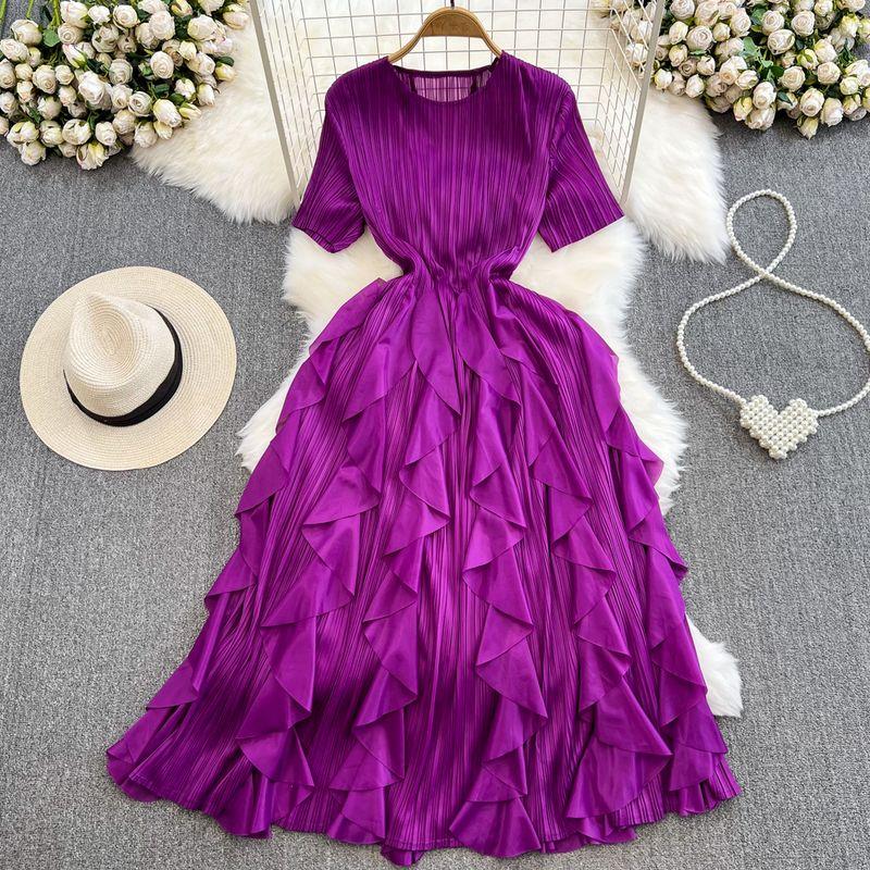 Sanzhai Ruched Fairy round Neck A- line Ruffled Long Dress