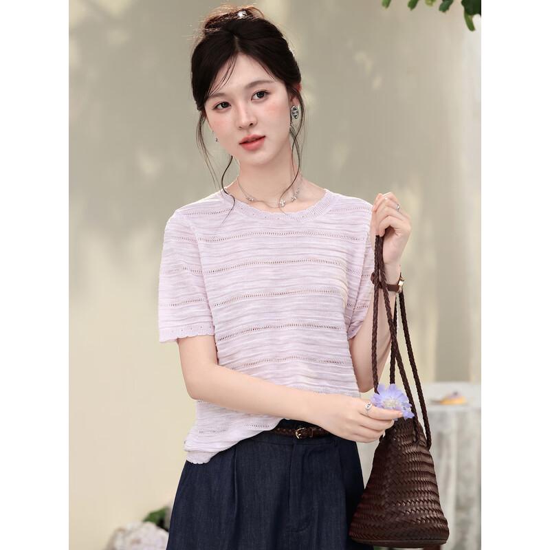 Luxiangnan Pink Purple Knit Short Sleeve Top S