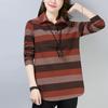 Korean Cotton Hemp Women Polo-Neck Striped Button Patchwork Temperament All-match Loose Long Sleeve Shirts Tops
