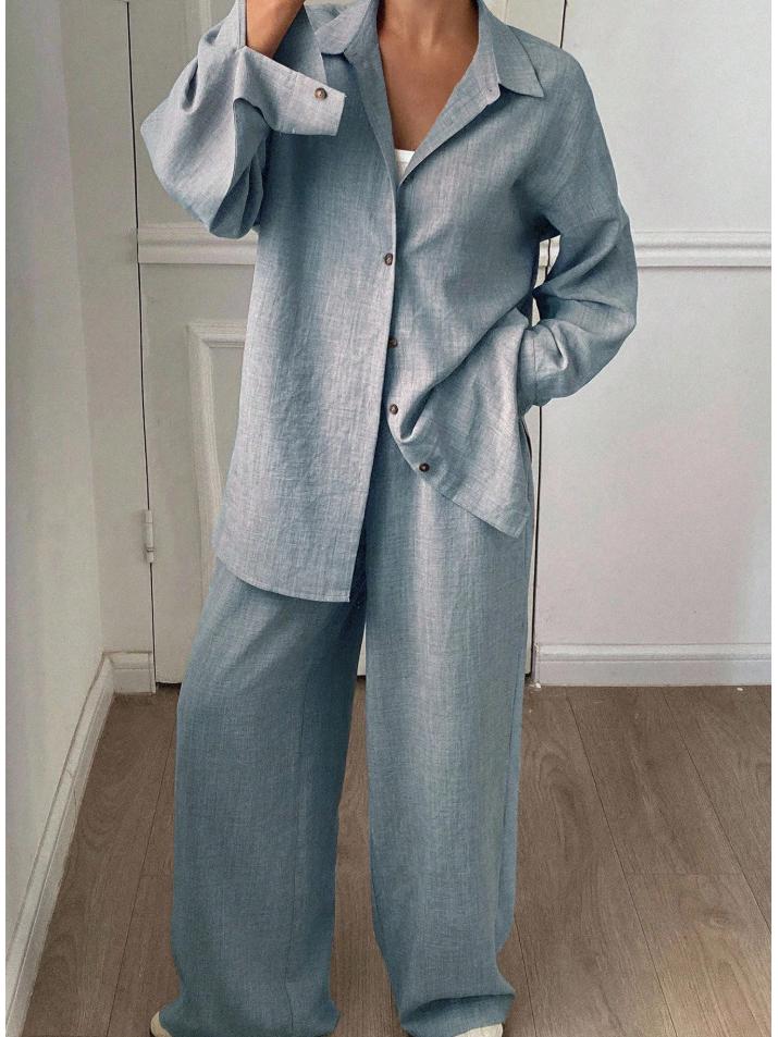 "2026 European & American Casual Cotton-Linen Two-Piece Set: Loose Long-Sleeved Shirt & Pants”