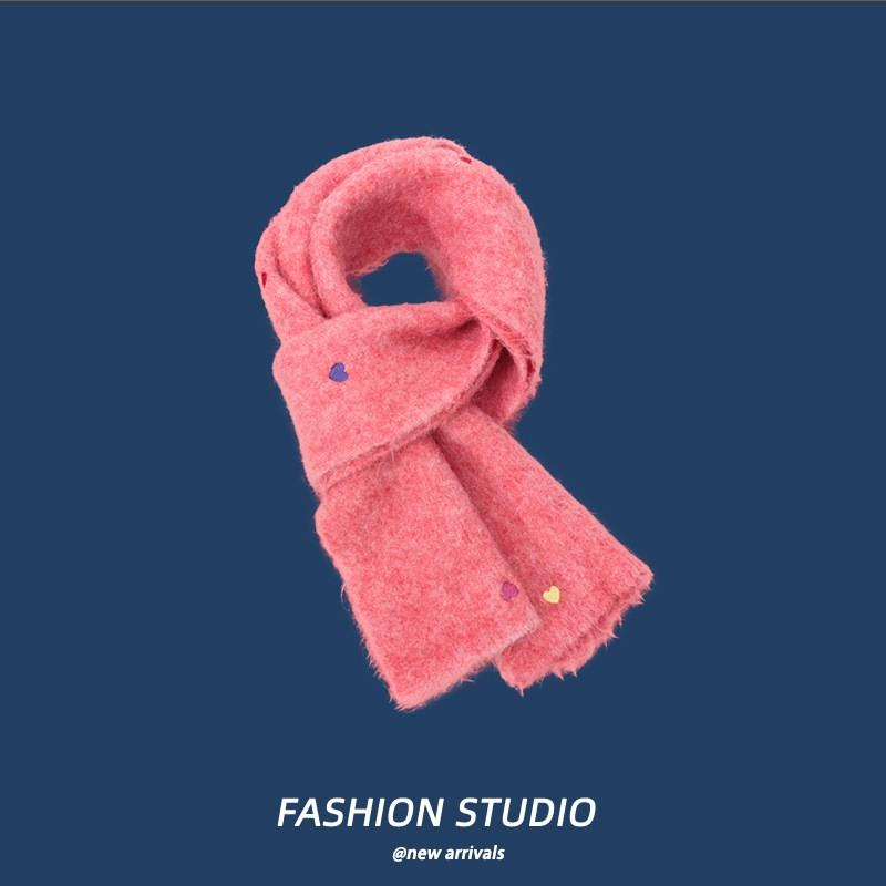 Warm Wool Fleece Scarf With Heart Embroidery Cross Neck Design Lightweight Cozy Winter Accessory Women