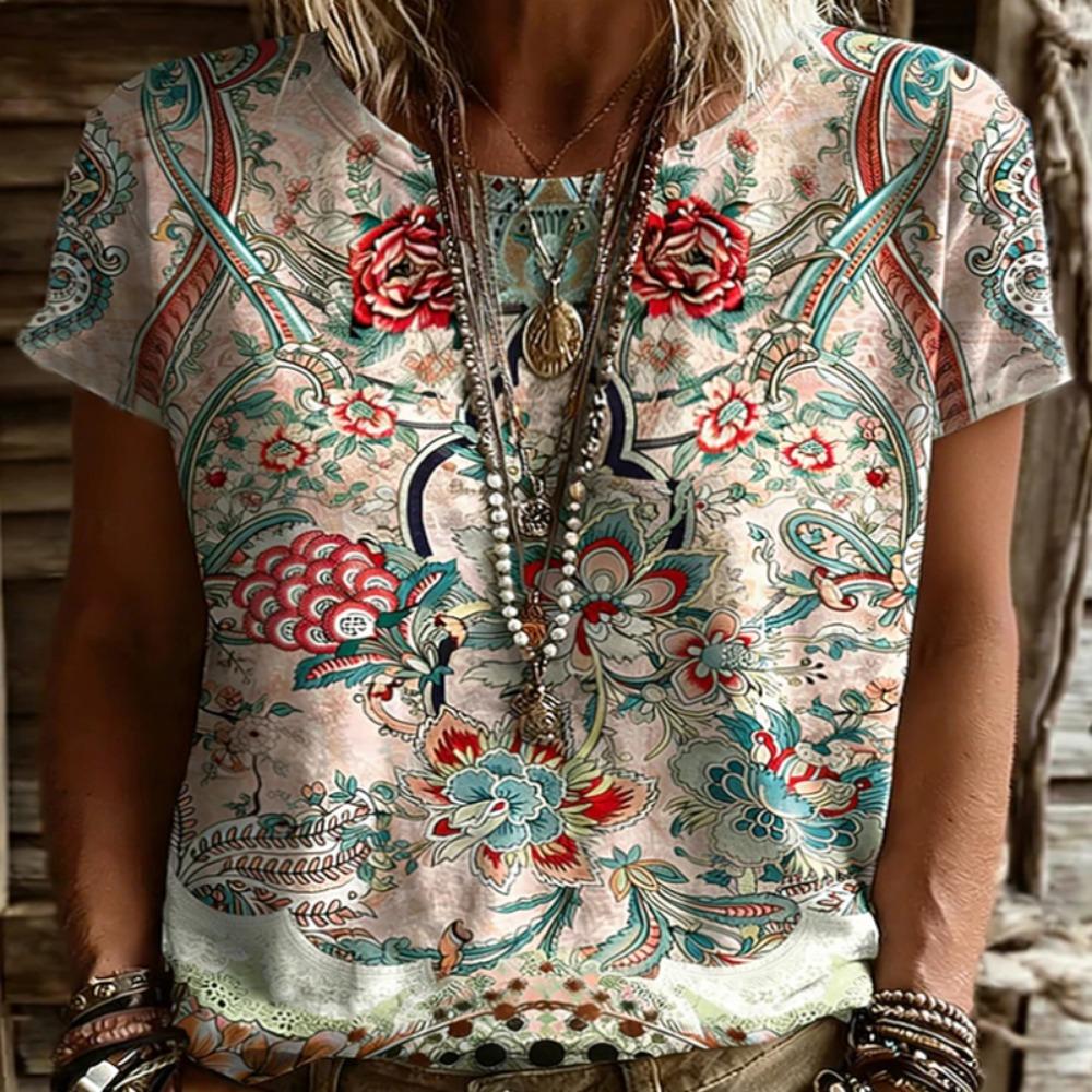 Bohemian Paisley Print Women T-Shirt Vintage Ethnic O-Neck Short Sleeve Casual Tops Loose Boho Summer Tee Plus Size Tees