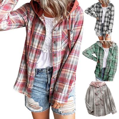 Casaco Feminino Xadrez de Botão Único com Capuz e Bolso Camisa de Mola para Uso Diário