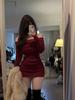 Women's One-Shoulder Red Bodycon Dress: Sexy, Long Sleeve, Slimming Short Skirt for Spring, Autumn, and Winter