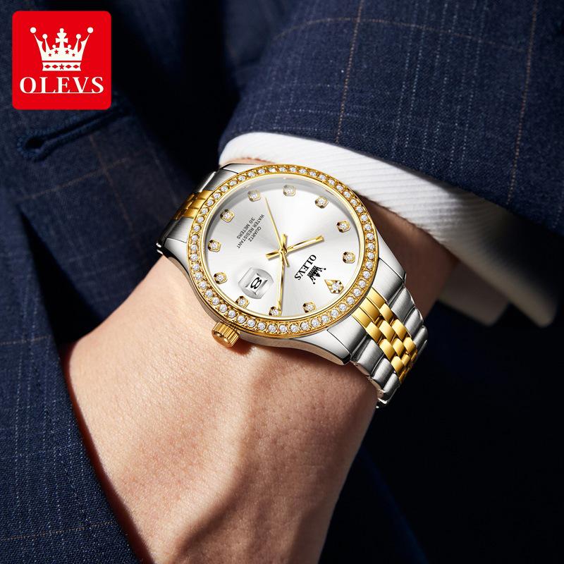 Olishi Men's Luminous Waterproof Quartz Watch with Diamond Bezel and Steel Band