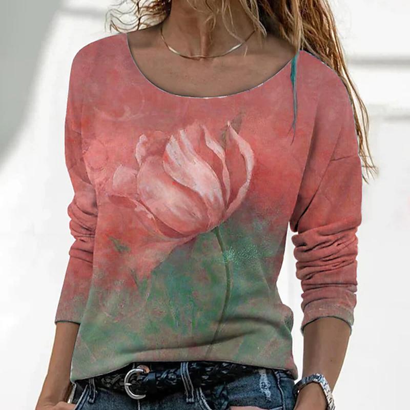 Topuri Toamna Femei Loose Cat Lotus Flower Print Causal Tricou cu maneca lunga Top Bluza