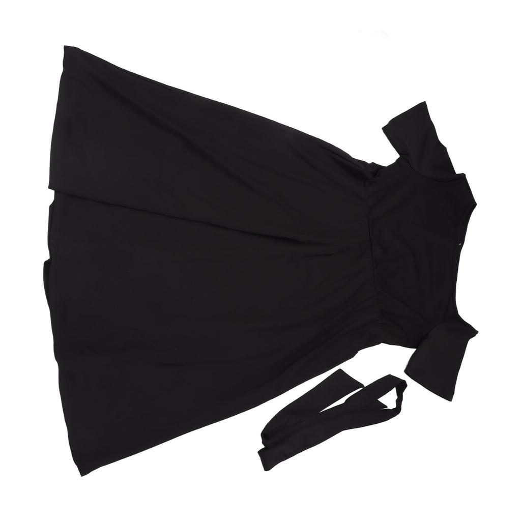 Women Summer One Shoulder Dress Pure Color A Line Short Sleeve Waist Belted Maxi Dress Black Free