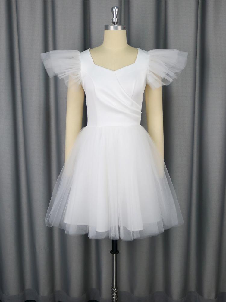 White Wedding Dresses Flutter Sleeve Mesh Skirt Gcasual Puff Short Dress Womens Wedding Guest Dresses Elegant Party Outfit