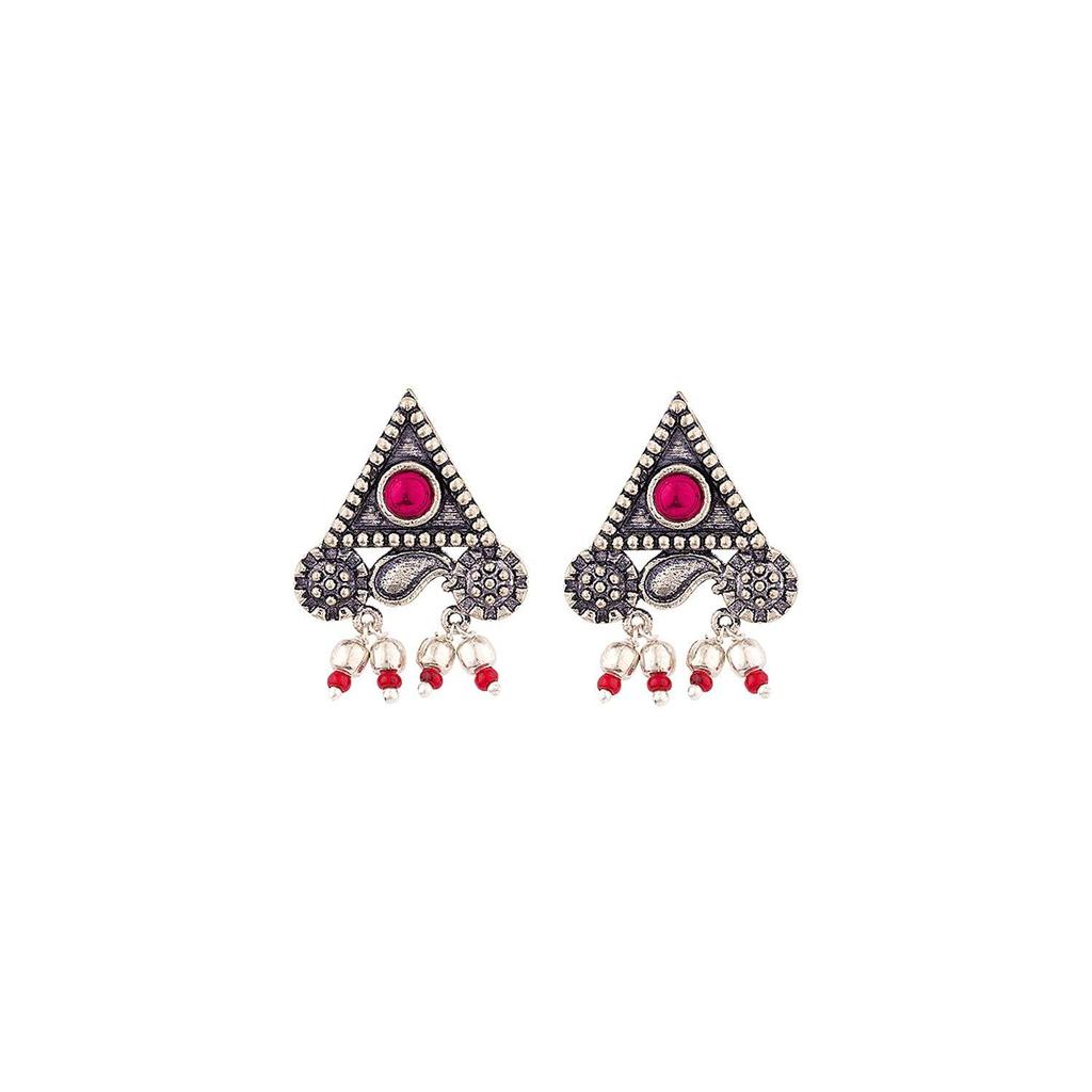 Oxidised Silver Brass Triangle Stud Statement Earrings with Pink Stone for Women and Girls