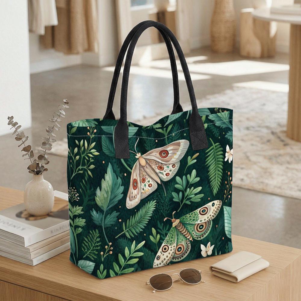  Forest Moth Print Canvas Tote Bag Large Capacity Casual Shoulder Handbag for Daily Use 