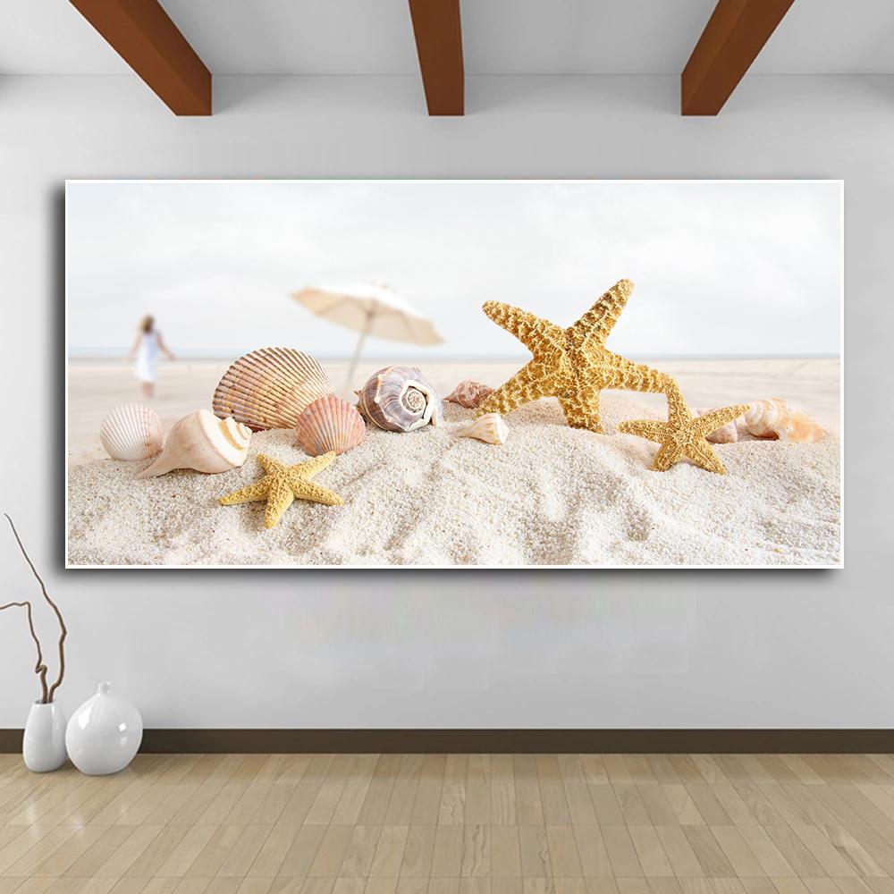 Starfish Seashells Beach Canvas Painting Shell Sea Wall Art Seascape Wall Pictures Poster for Living Room Bedroom Office Decor