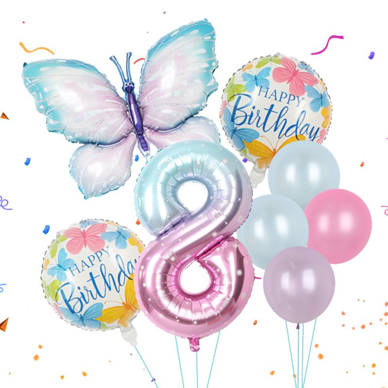 8pcs Butterfly Balloon Set 40inch Gradient Colorful Number 1-9 Foil Balloon Fairy Birthday Party Decoration Baby Shower Supplies