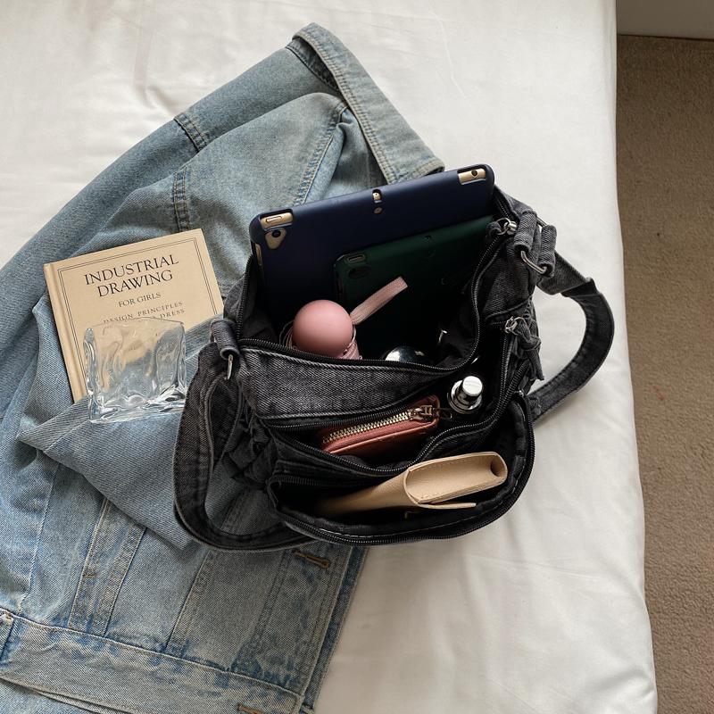 Vintage Denim Crossbody Bag Multi-Pocket Women's Shoulder Bag