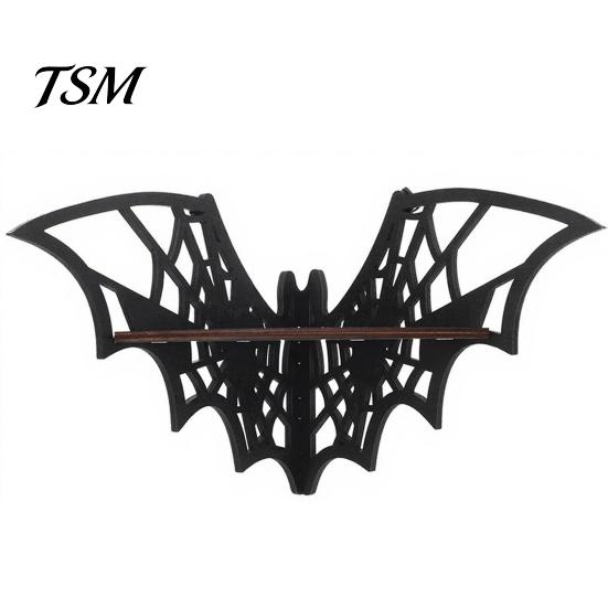 Gothic Style Furniture Halloween Bat Corner Shelf, Decorative Wooden Wall Mount Display Unique Storage Spiderweb Design Floating Rack for Home,