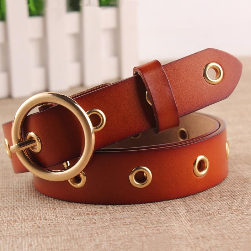 Round Buckle Cowhide Ling Hole Wide Belt Women's Versatile Decorative Casual Trouser Belt Belt with Skirt Korean Version