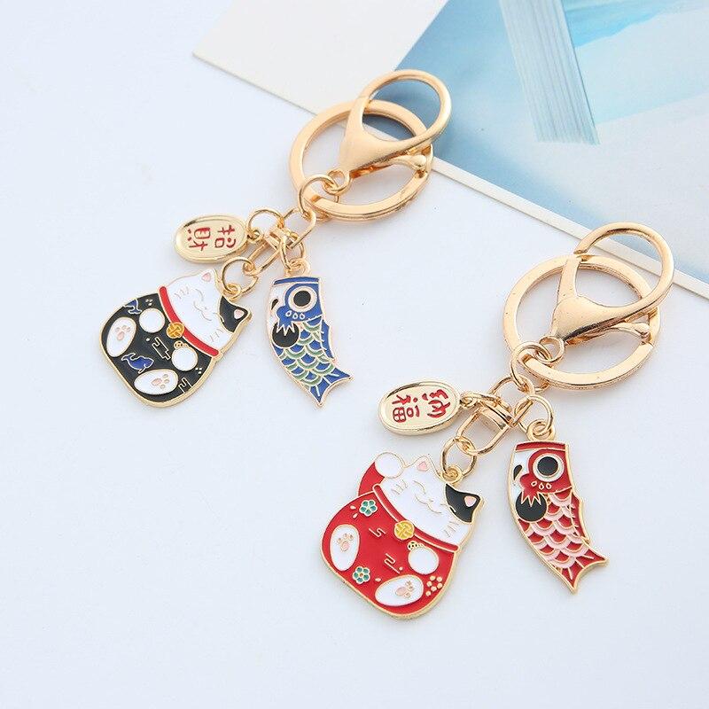 Lucky Cat Fortune Keychain Alloy Clothes Backpack Keyring Key Chains Charms Couple Gifts