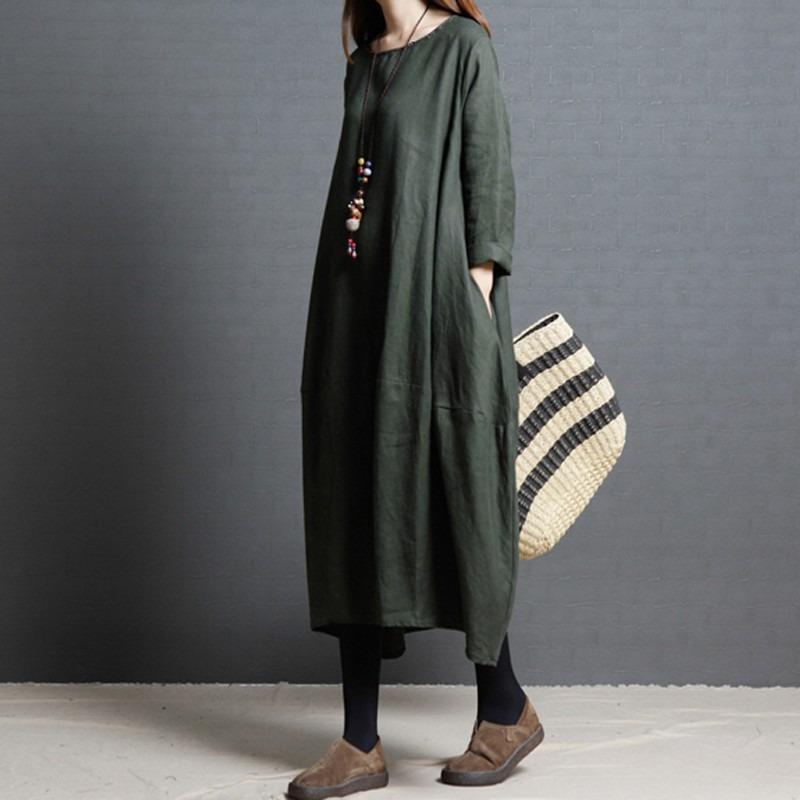 Dámské šaty volné extra velikosti bavlněné lněné šaty s dlouhým rukávem a kulatým výstřihem