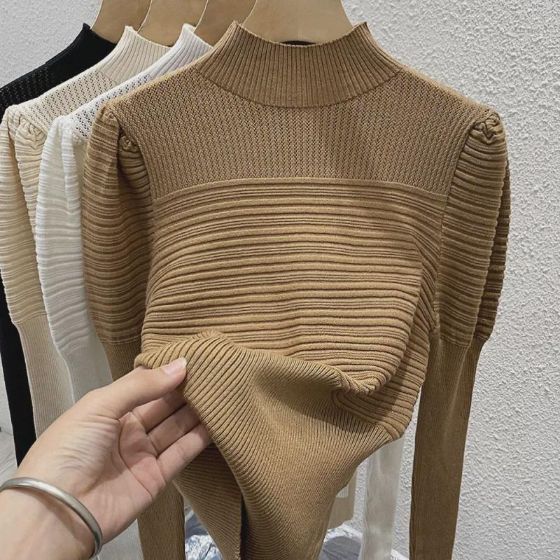 Dámský luxusní pletený svetr slim fit s polovičním rolákem a nabíranými rukávy pro podzim/zimu