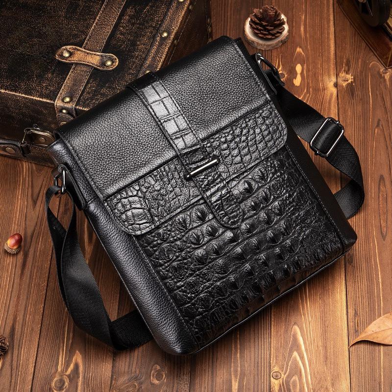 Men's Crocodile Print Single-shoulder Bag, Retro Genuine Leather Men's Crossbody Bag