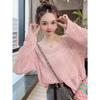 Spring and Summer Women's Hollow V-neck Knitted Shirt Long Sleeved Loose Slimming Cover Shirt for Women