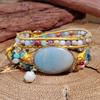 Bohemian Style Natural Amazonite Creative Hand-woven Vintage Bracelet, Three-layer Adjustable Floral Clasp, Suitable for Both Men and Women.