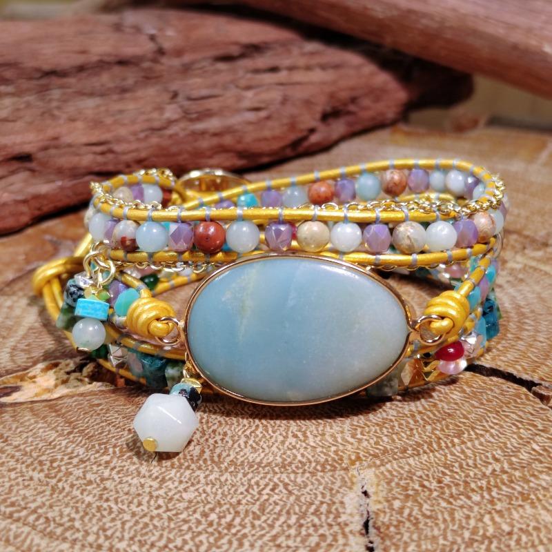 Bohemian Style Natural Amazonite Creative Hand-woven Vintage Bracelet, Three-layer Adjustable Floral Clasp, Suitable for Both Men and Women.